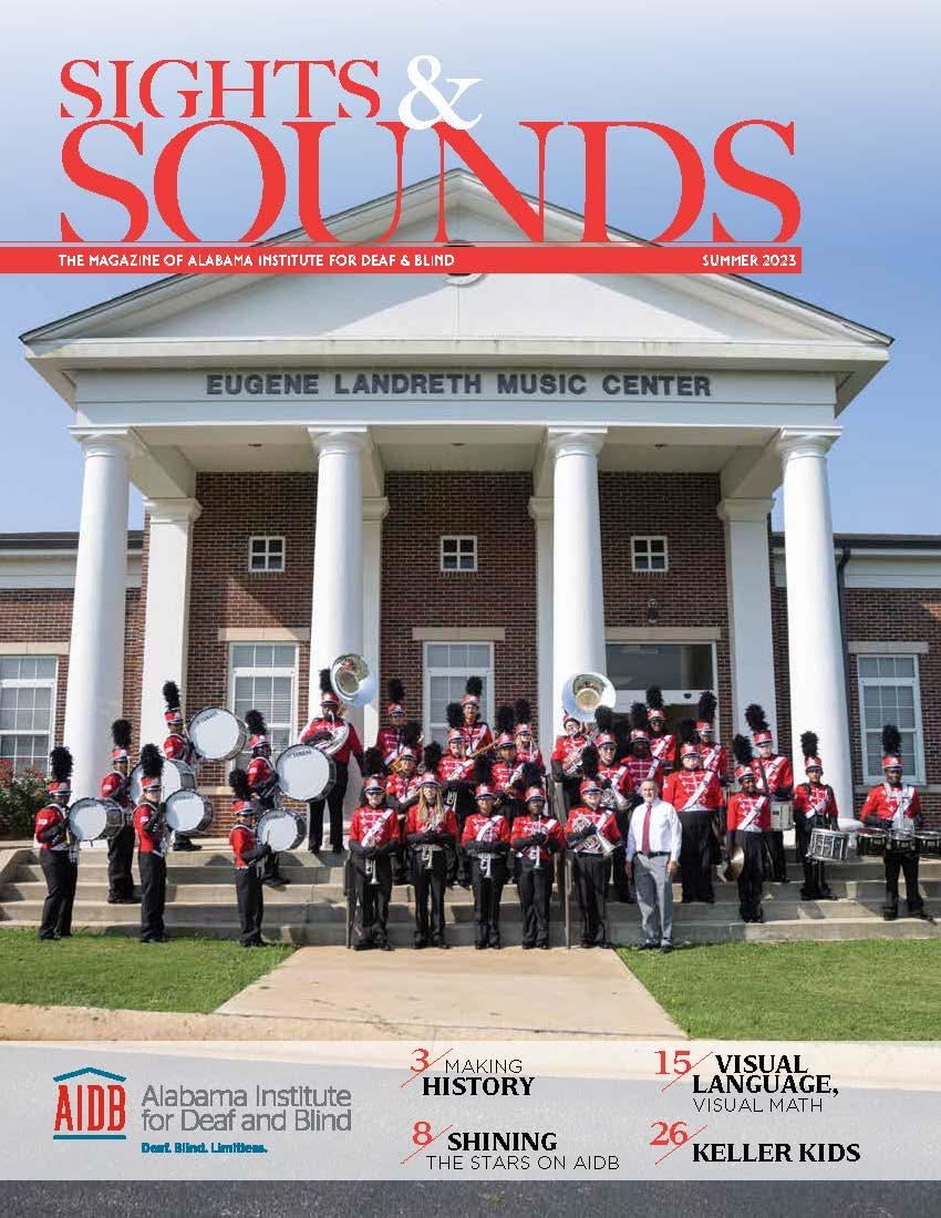 The front cover of the summer 2023 edition of Sights & Sounds featuring the Alabama School for the Blind Marching Band.